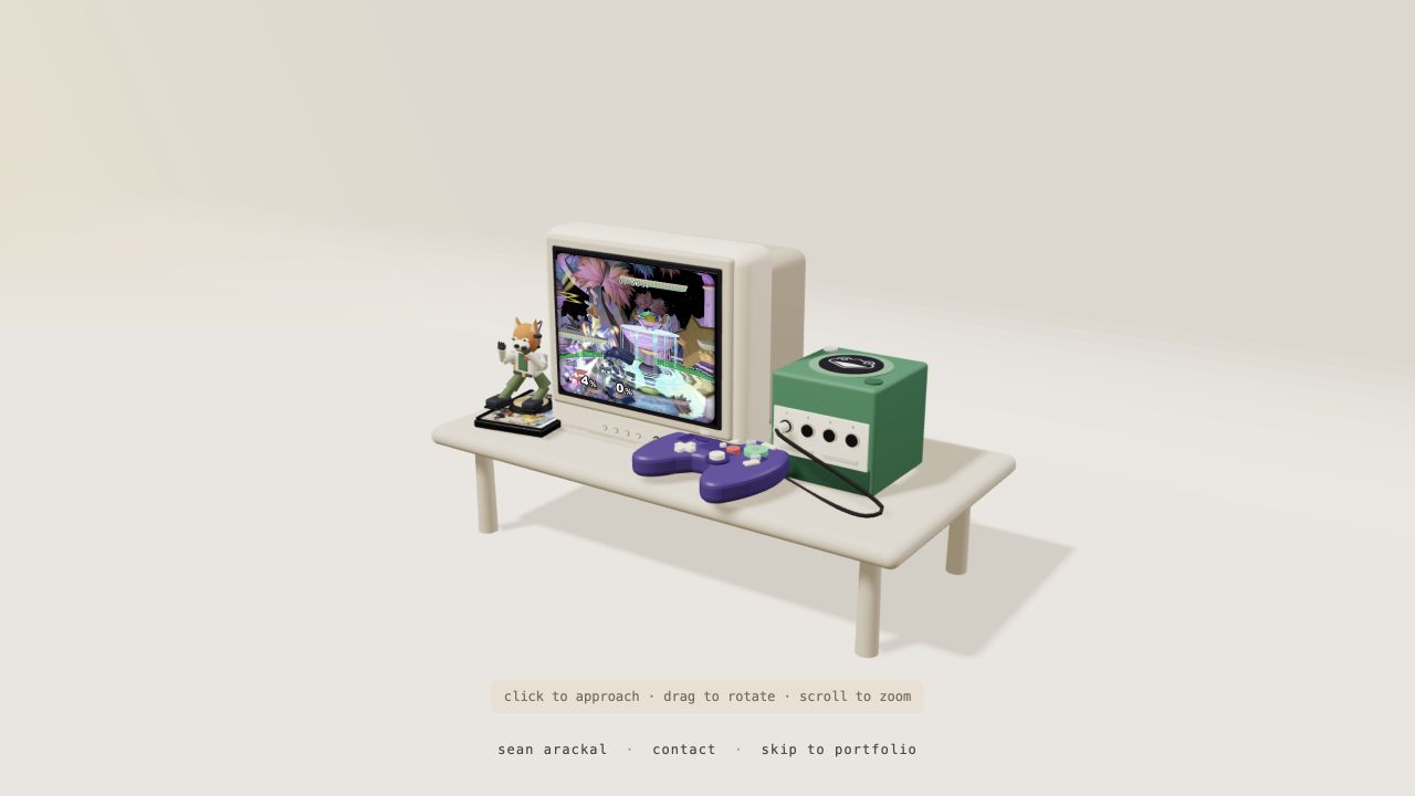 The live 3D portfolio with a green GameCube, purple controller, CRT and Fox figurine